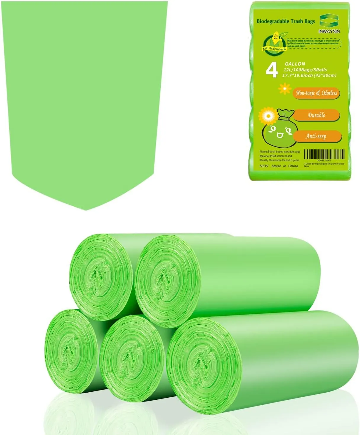4 Gallon Biodegradable Compostable Small-Trash-Bags - Green Small Garbage Bags For Bathroom Can 100 Count Unscented Little Waste Basket Kitchen Office Car Tiny Liners Bulk Strong Thick Inwaysin