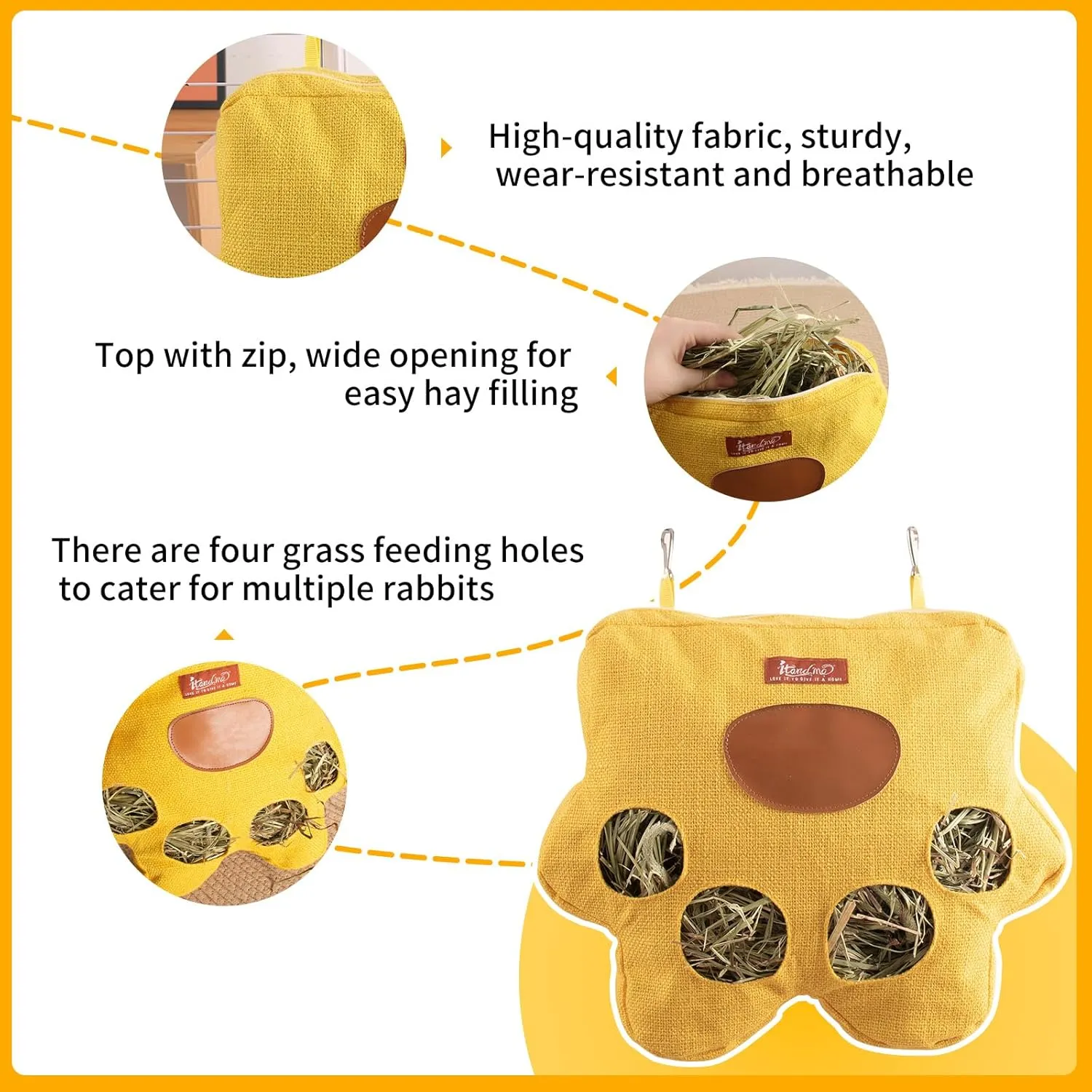4-Hole Rabbit Hay Feeder Bag with Zipper Top Hanging Rabbit Bags Breathable Fabric Guinea Pig Feeder Cute Small Pet Hay Holder for Guinea Pig Bunny Chinchilla (Grey, Medium)