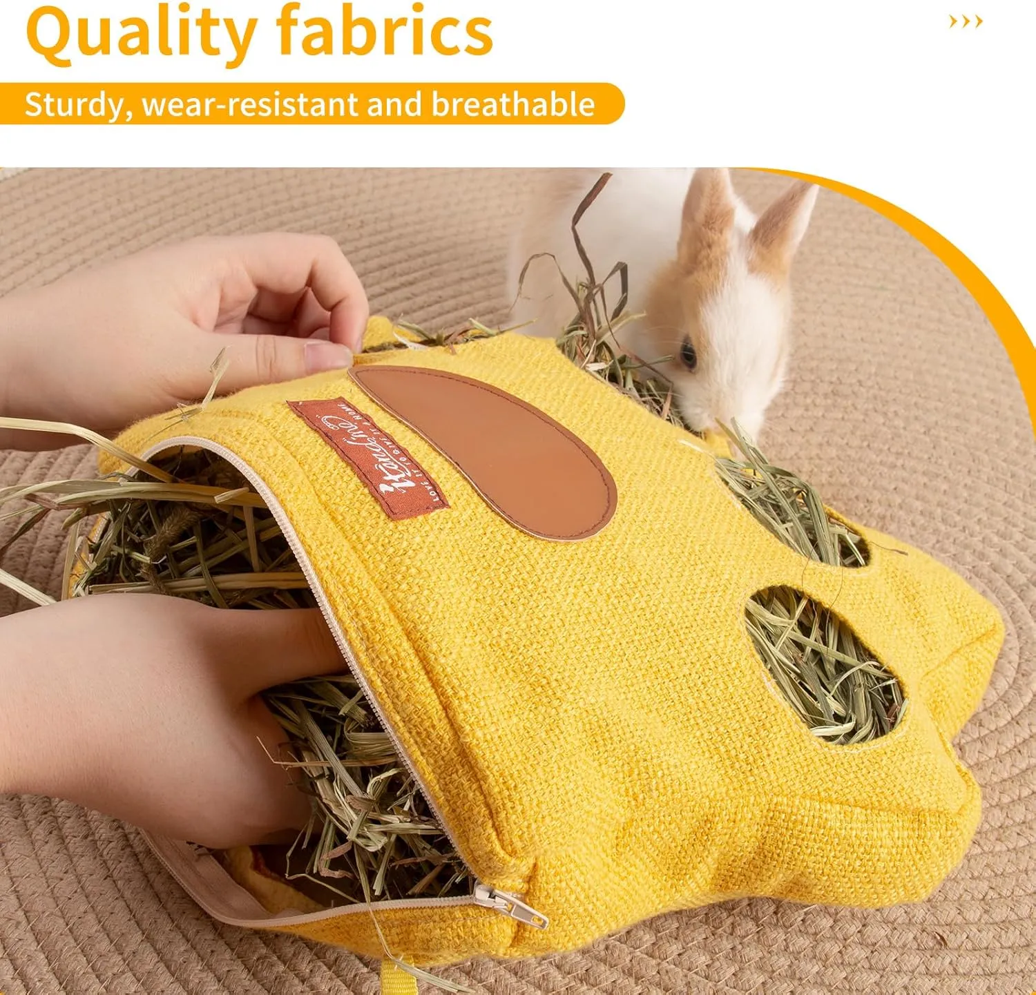 4-Hole Rabbit Hay Feeder Bag with Zipper Top Hanging Rabbit Bags Breathable Fabric Guinea Pig Feeder Cute Small Pet Hay Holder for Guinea Pig Bunny Chinchilla (Grey, Medium)