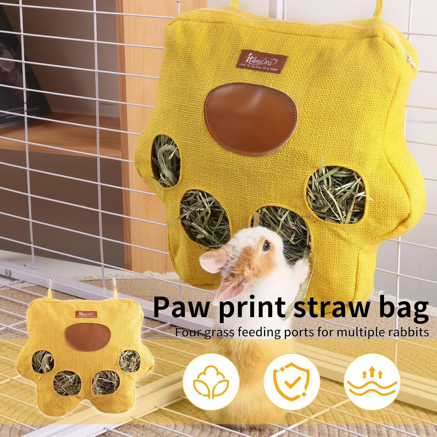 4-Hole Rabbit Hay Feeder Bag with Zipper Top Hanging Rabbit Bags Breathable Fabric Guinea Pig Feeder Cute Small Pet Hay Holder for Guinea Pig Bunny Chinchilla (Grey, Medium)