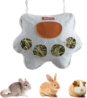 4-Hole Rabbit Hay Feeder Bag with Zipper Top Hanging Rabbit Bags Breathable Fabric Guinea Pig Feeder Cute Small Pet Hay Holder for Guinea Pig Bunny Chinchilla (Grey, Medium)