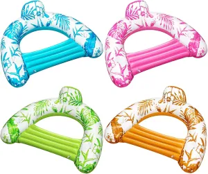 4 Pack Hawaii Pool Float Chair for Adults Inflatable Water Lounge Floatie with Tropical Print Backrest and Double Cup Holder Summer Pool Toys for Beach Vacation Swimming