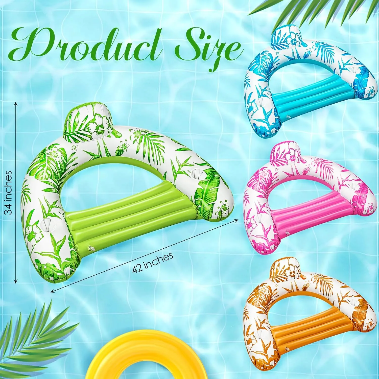 4 Pack Hawaii Pool Float Chair for Adults Inflatable Water Lounge Floatie with Tropical Print Backrest and Double Cup Holder Summer Pool Toys for Beach Vacation Swimming