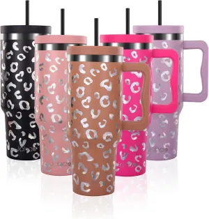 40 oz Tumbler with Handle and Straw Lid, Stainless Steel Tumblers with Straw, Insulated Cup Water Bottle Travel Mug Coffee Cup Spill Proof Leak Proof Tumbler 40 Ounce (Camel Leopard)