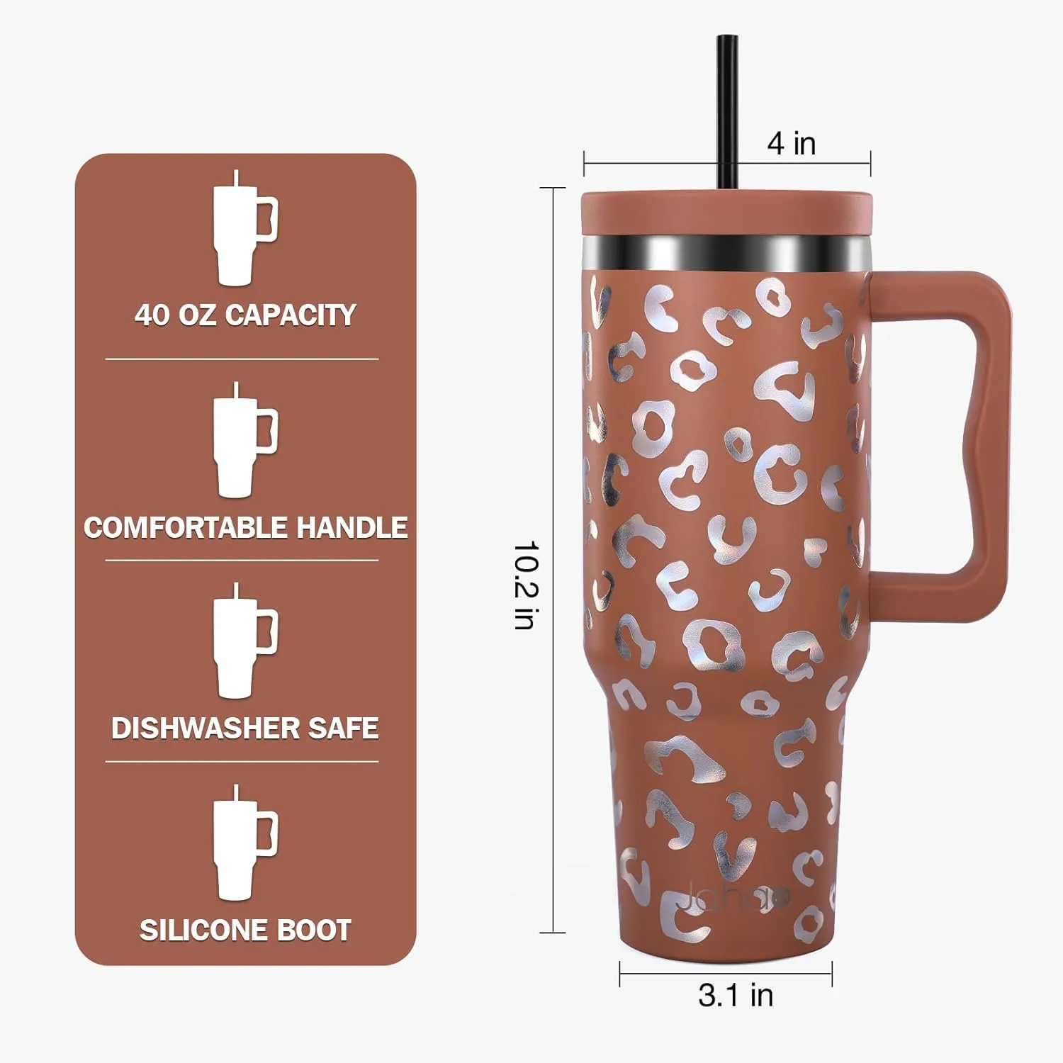 40 oz Tumbler with Handle and Straw Lid, Stainless Steel Tumblers with Straw, Insulated Cup Water Bottle Travel Mug Coffee Cup Spill Proof Leak Proof Tumbler 40 Ounce (Camel Leopard)