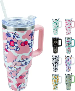 40 oz Tumbler with Handle and Straw, Stainless Steel Insulated Cup with Leak Proof Lid and Straw Lid, Keep Drinks Cold and Hot for Hours（Strawberry Cow）