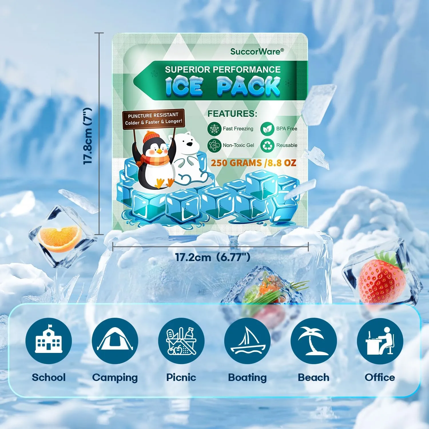5 Packs Reusable Ice Packs for Lunch Boxes - 12  Hour Cooling Ice Gel Pack for Camping, Beach, Office - Ice Packs for Cooler Bag, Cooler Backpacks