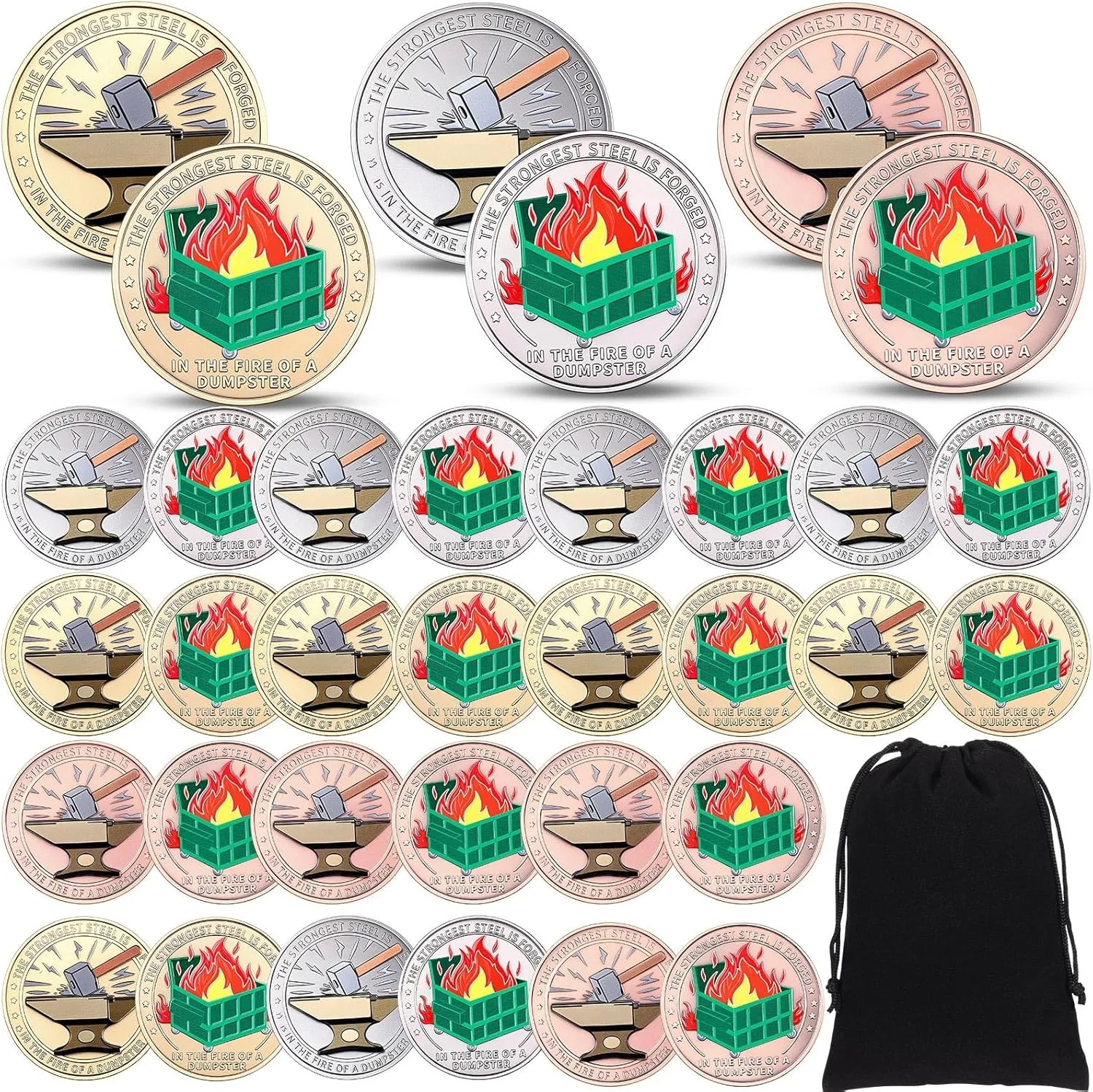50 Pcs Dumpster Challenge Coins Bulk Hilarious Medallion Funny Fire Desk Accessories with Velvet Bag Inspirational Team Appreciation Gifts for Office Staff Employee Coworker Teacher Nurse