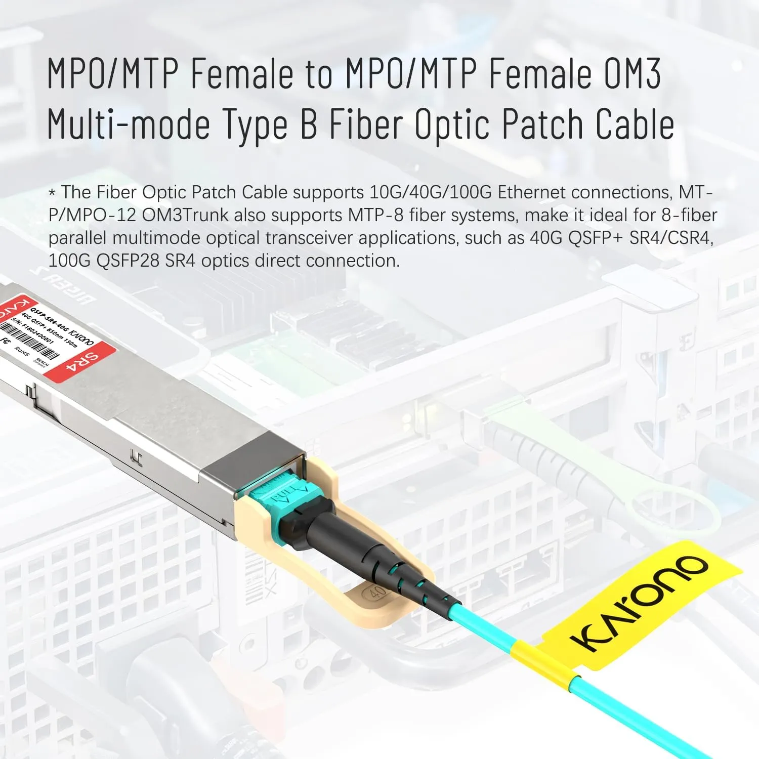 50ft /15M MPO - MPO 12 Fiber Cable, Female/Female, 40g MPO OM3 Multi-Mode, Type B Polarity for QSFP Transceivers MTP Compatible Cabling System, GPON, EPON Application Aqua