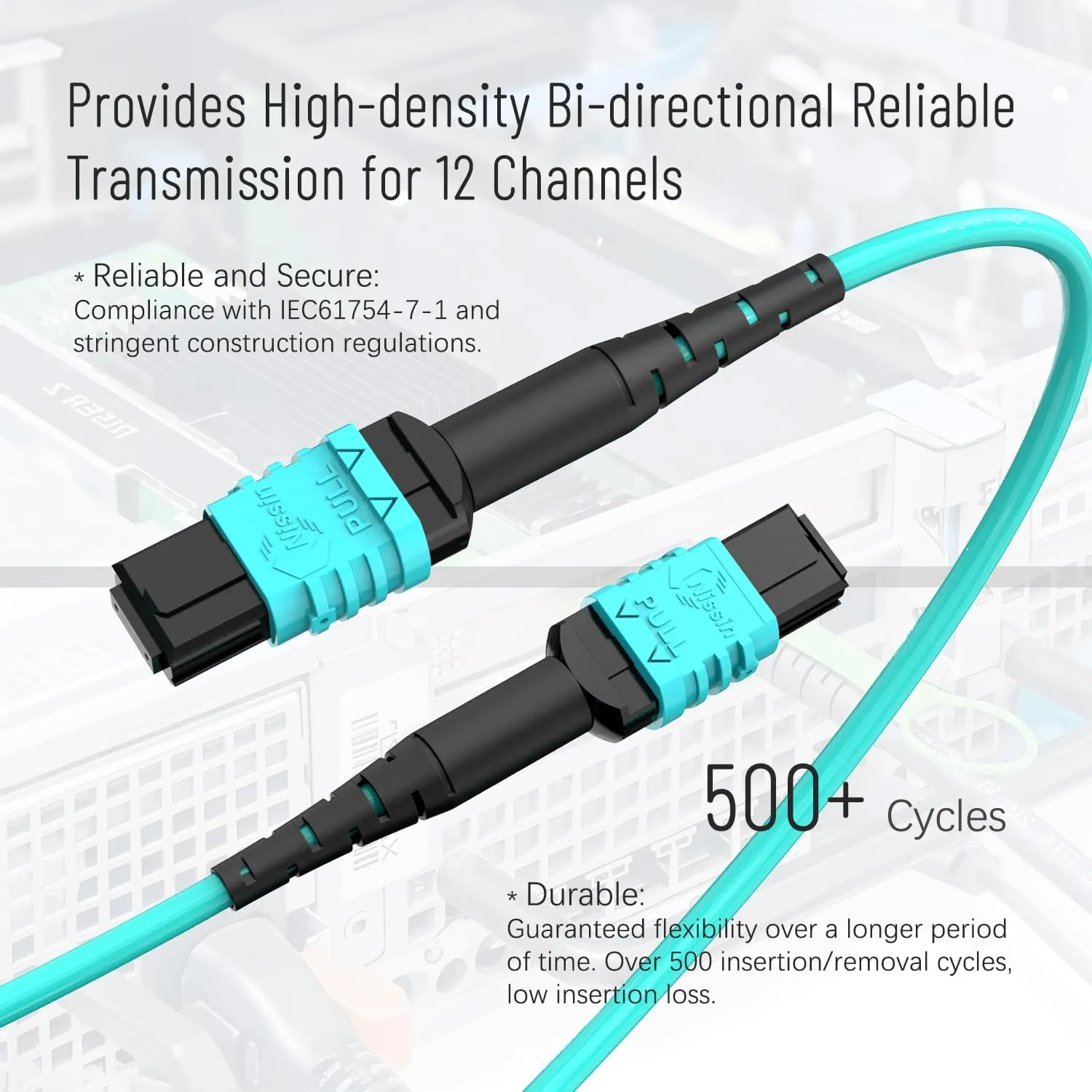 50ft /15M MPO - MPO 12 Fiber Cable, Female/Female, 40g MPO OM3 Multi-Mode, Type B Polarity for QSFP Transceivers MTP Compatible Cabling System, GPON, EPON Application Aqua
