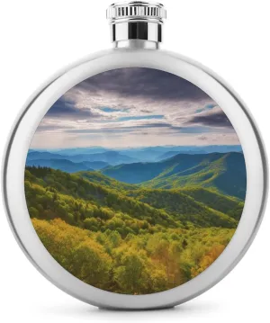 5oz Stainless Steel Flask Blue Ridge Parkway Mountains Printed with UV Printing - Portable Liquor Flask for Whiskey, Vodka - Men & Women Gift for Travel, Father’s Day, Weddings
