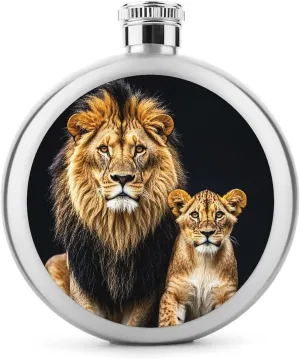 5oz Stainless Steel Flask Mother Lion And Young Lion Printed with UV Printing - Portable Liquor Flask for Whiskey, Vodka - Men & Women Gift for Travel, Father’s Day, Weddings
