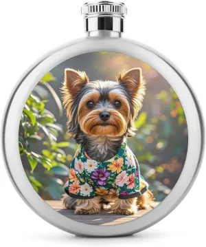 5oz Stainless Steel Flask Yorkie Floral Printed with UV Printing - Portable Liquor Flask for Whiskey, Vodka - Men & Women Gift for Travel, Father’s Day, Weddings