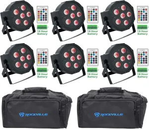 (6) Rockville Battery PAR 61 Rechargeable RGBWA DMX DJ Wash Light Remote Bundle with (2) Rockville RLB80 Universal Travel Bag