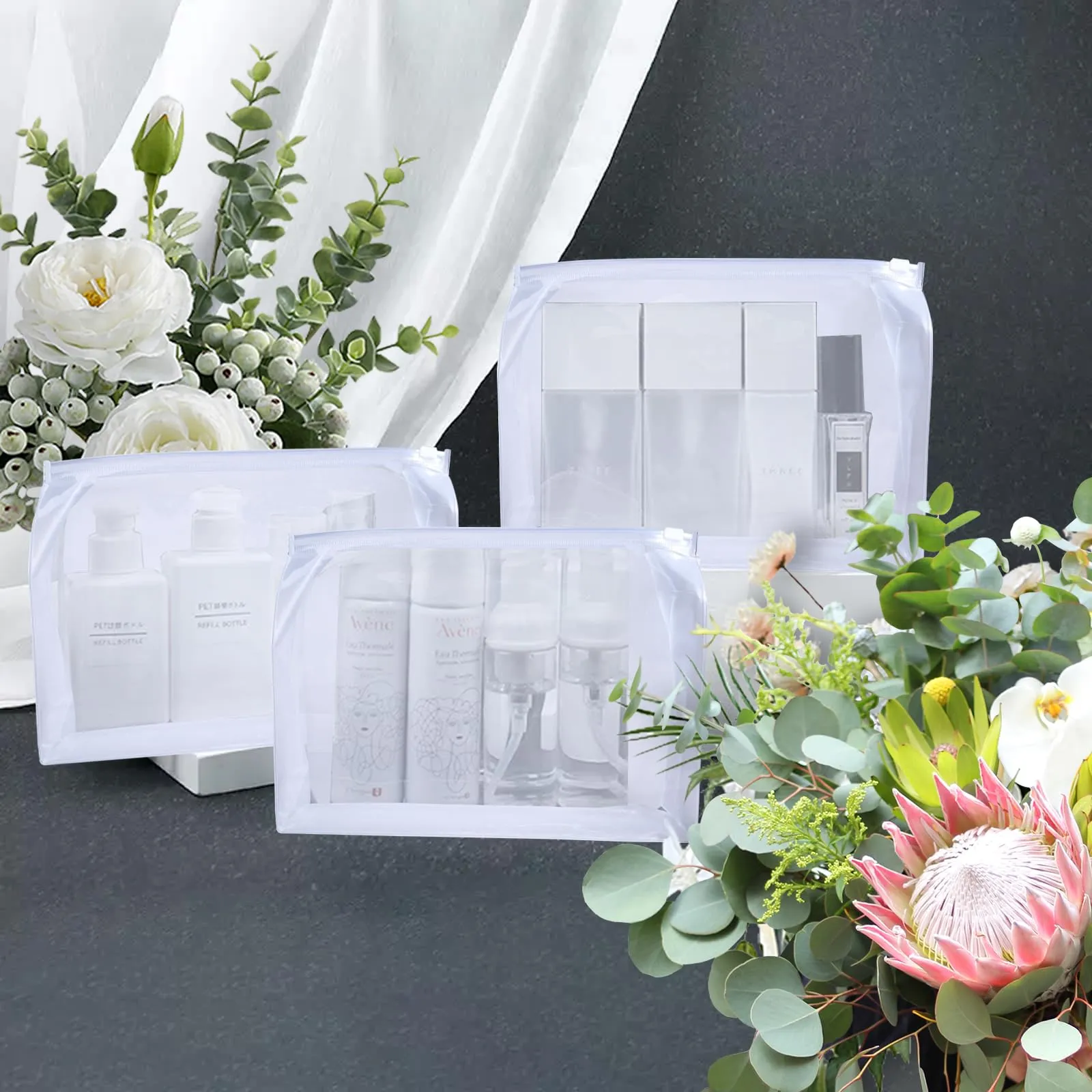 60 Pcs Mini Clear Makeup Bag 9.8 x 7.1 x 2.6 Inch Toiletry Organizer Pouches with 60 Labels Small PVC Waterproof Cosmetic Bags Transparent Zipper Bag for Organizing Women Men Travel Vacation Supplies