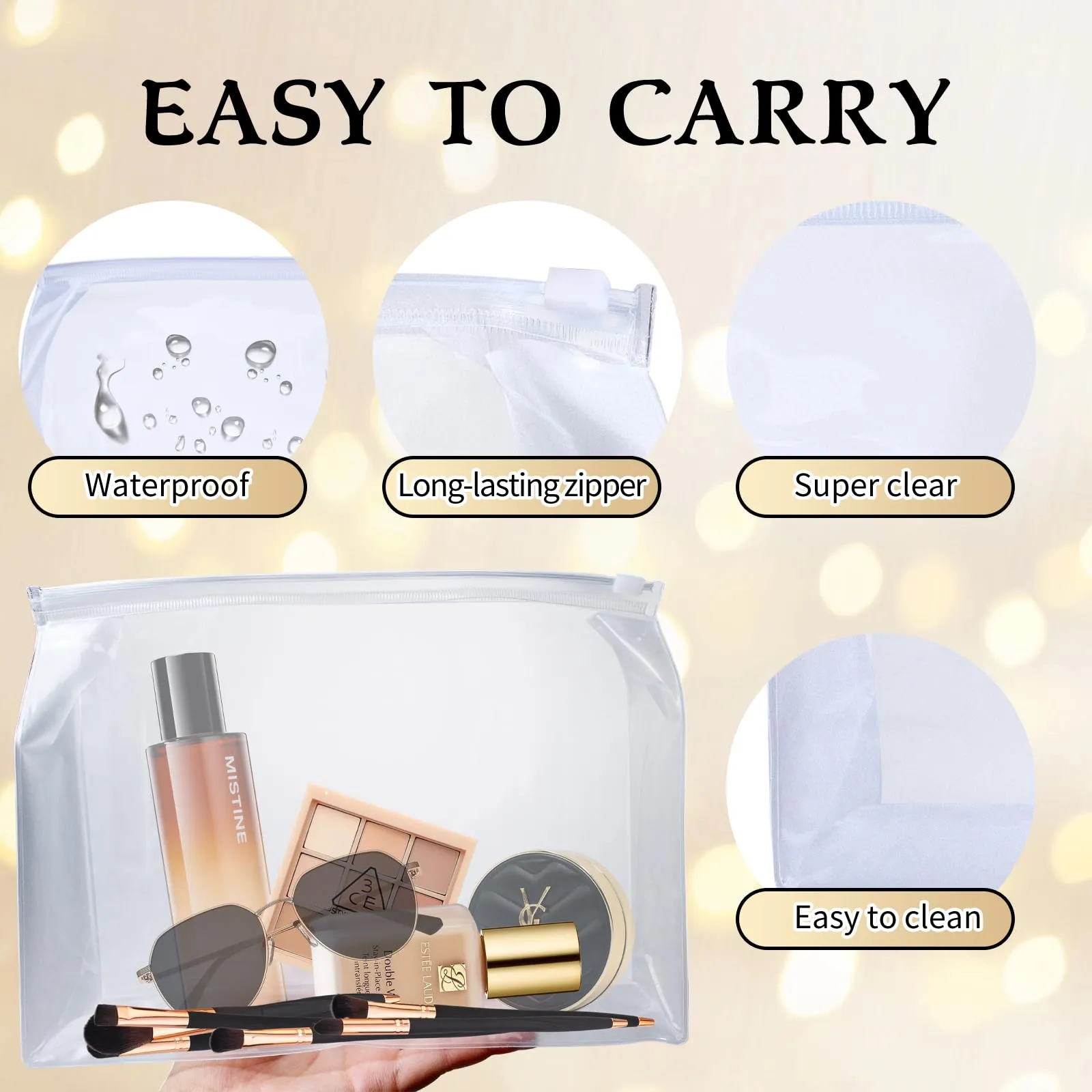 60 Pcs Mini Clear Makeup Bag 9.8 x 7.1 x 2.6 Inch Toiletry Organizer Pouches with 60 Labels Small PVC Waterproof Cosmetic Bags Transparent Zipper Bag for Organizing Women Men Travel Vacation Supplies