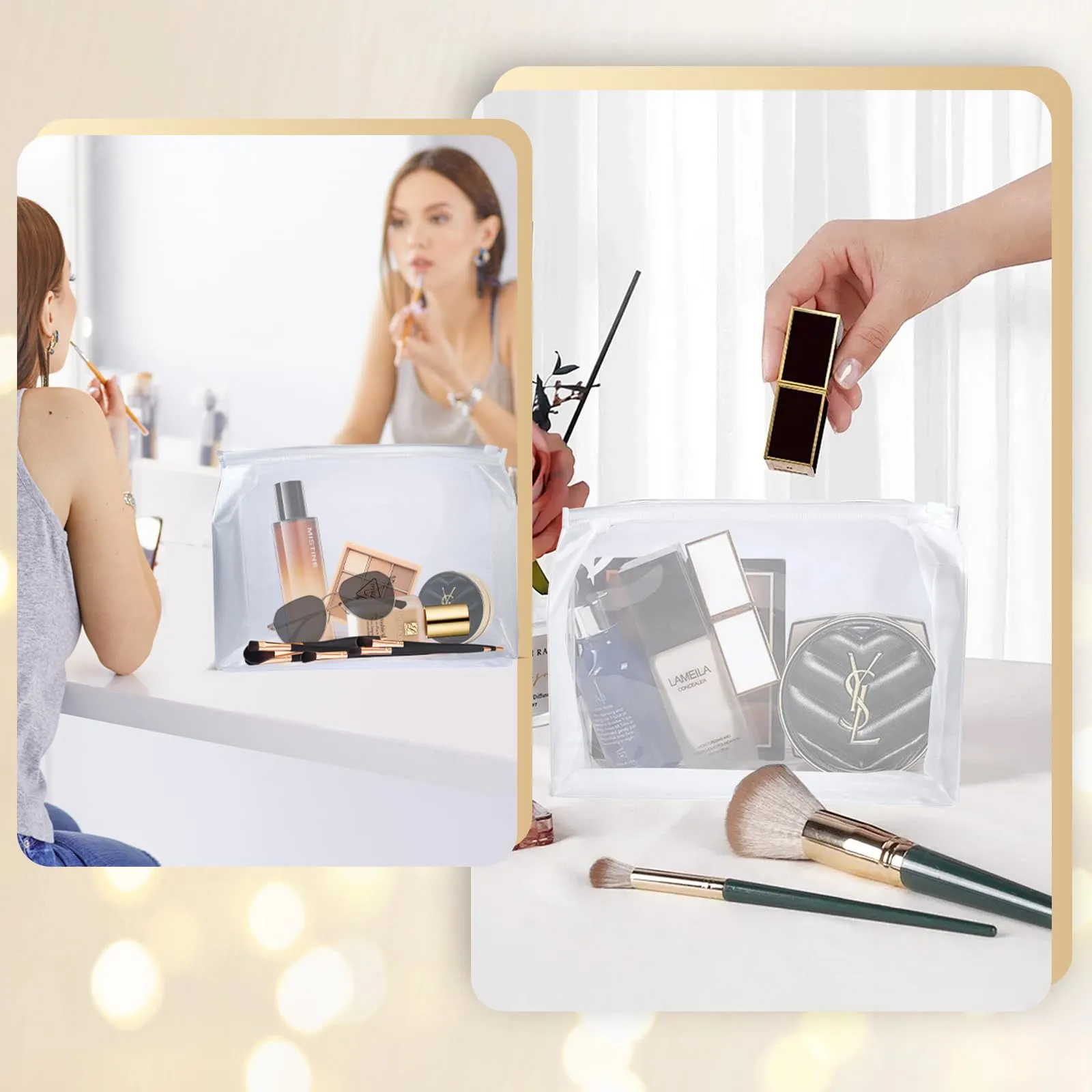 60 Pcs Mini Clear Makeup Bag 9.8 x 7.1 x 2.6 Inch Toiletry Organizer Pouches with 60 Labels Small PVC Waterproof Cosmetic Bags Transparent Zipper Bag for Organizing Women Men Travel Vacation Supplies