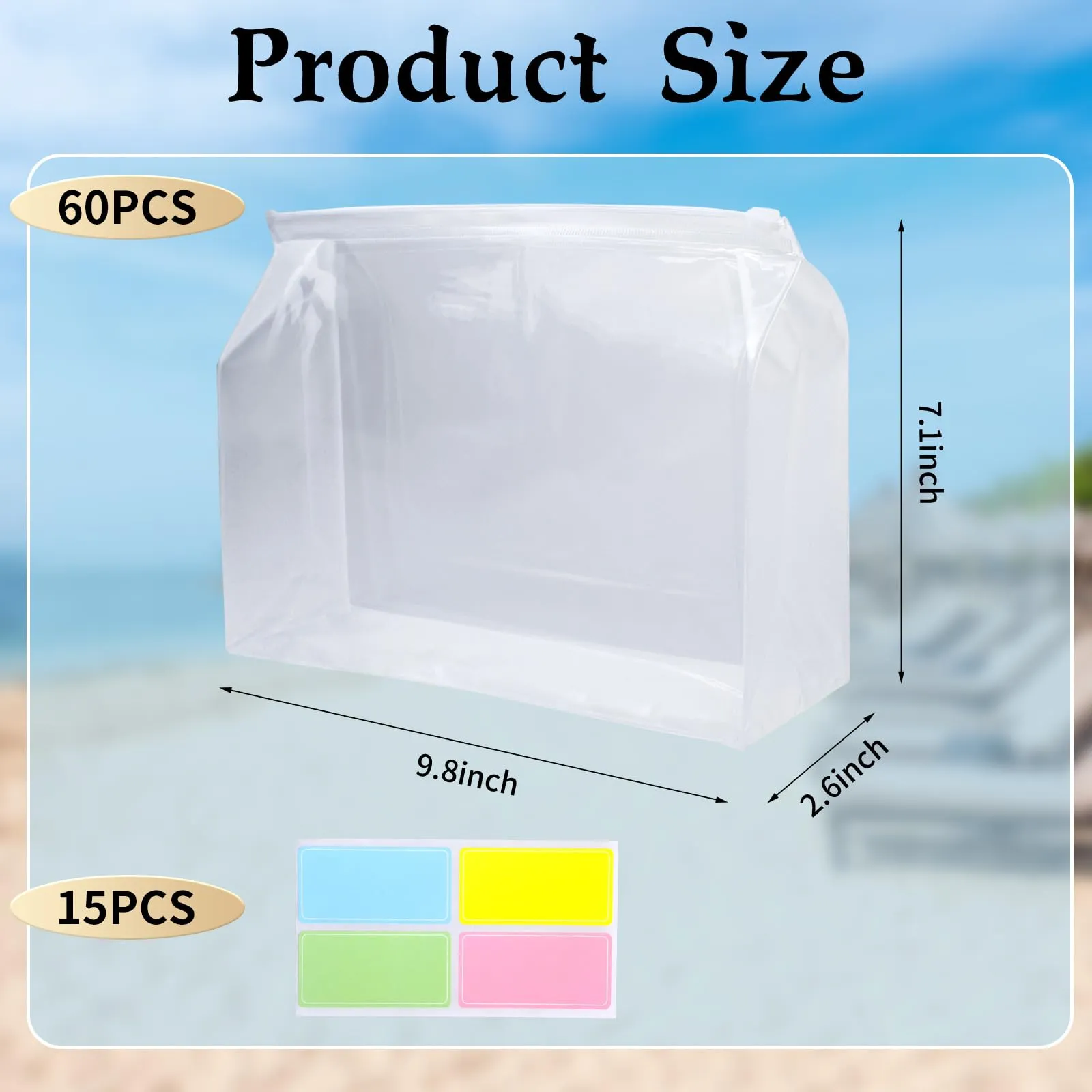 60 Pcs Mini Clear Makeup Bag 9.8 x 7.1 x 2.6 Inch Toiletry Organizer Pouches with 60 Labels Small PVC Waterproof Cosmetic Bags Transparent Zipper Bag for Organizing Women Men Travel Vacation Supplies
