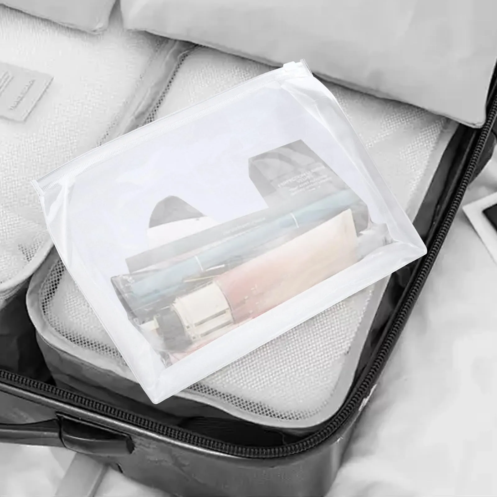 60 Pcs Mini Clear Makeup Bag 9.8 x 7.1 x 2.6 Inch Toiletry Organizer Pouches with 60 Labels Small PVC Waterproof Cosmetic Bags Transparent Zipper Bag for Organizing Women Men Travel Vacation Supplies