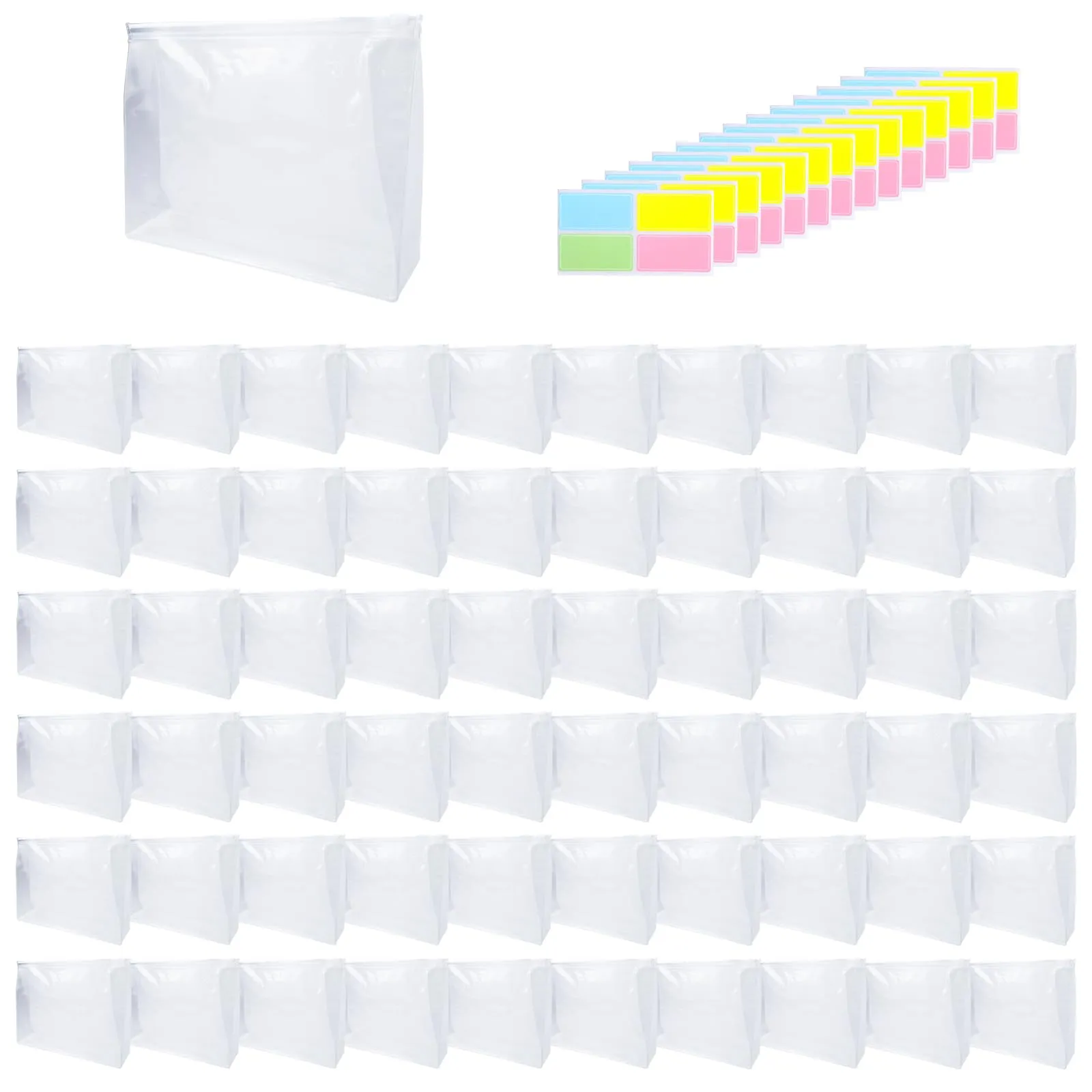 60 Pcs Mini Clear Makeup Bag 9.8 x 7.1 x 2.6 Inch Toiletry Organizer Pouches with 60 Labels Small PVC Waterproof Cosmetic Bags Transparent Zipper Bag for Organizing Women Men Travel Vacation Supplies