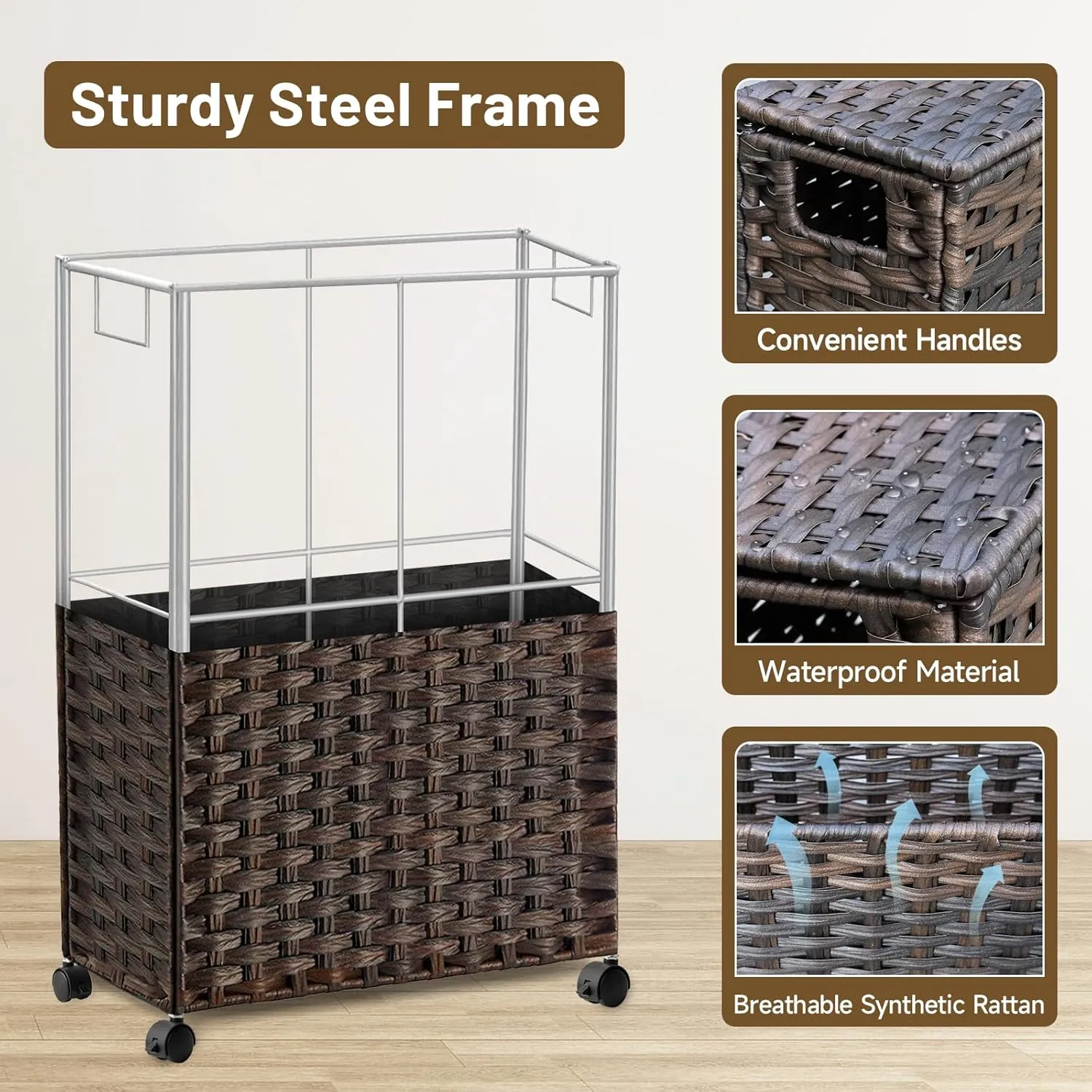 70L Slim Laundry Hamper with Lid & Wheels, 2-Park Rolling Laundry Basket with 4 Removable Liner Bags & 3 Mesh Bags, Narrow Dirty Clothes Basket, Foldable Handwoven Rattan Laundry Sorter, Brown