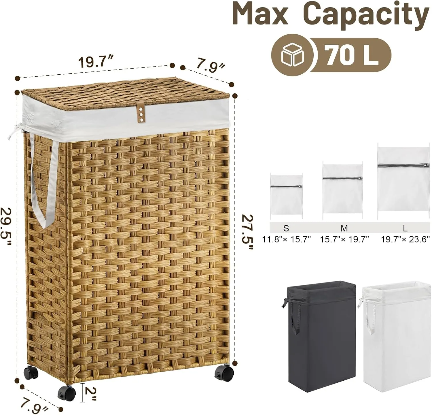 70L Slim Laundry Hamper with Lid & Wheels, 2-Park Rolling Laundry Basket with 4 Removable Liner Bags & 3 Mesh Bags, Narrow Dirty Clothes Basket, Foldable Handwoven Rattan Laundry Sorter, Natural