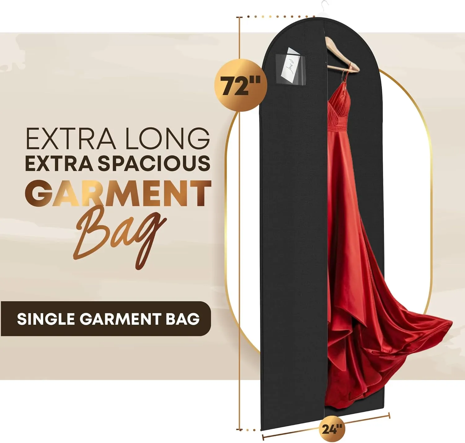 72" Long Dress Bags for Gowns - Wedding Dress Garment Bag for Dresses - Long Garment Bags for Hanging Clothes & Closet Storage - Durable Travel Bag for Women with ID Window