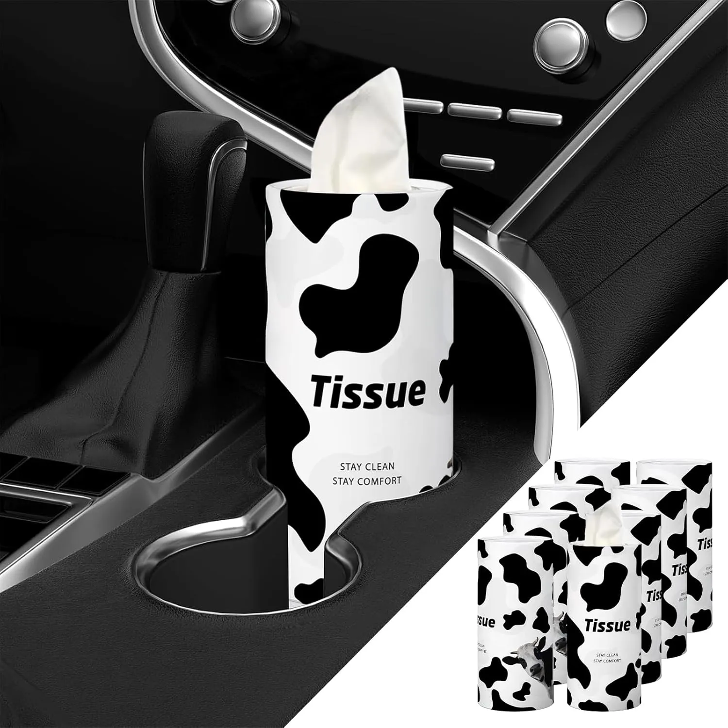 8 Pack Cow Car Tissue Holder, Portable Travel Tissues Cylinder Box Container with 3-Ply 400 Sheets Facial Tissues for Car Cup Holders, Refillable Convenient Automotive Interior Accessories