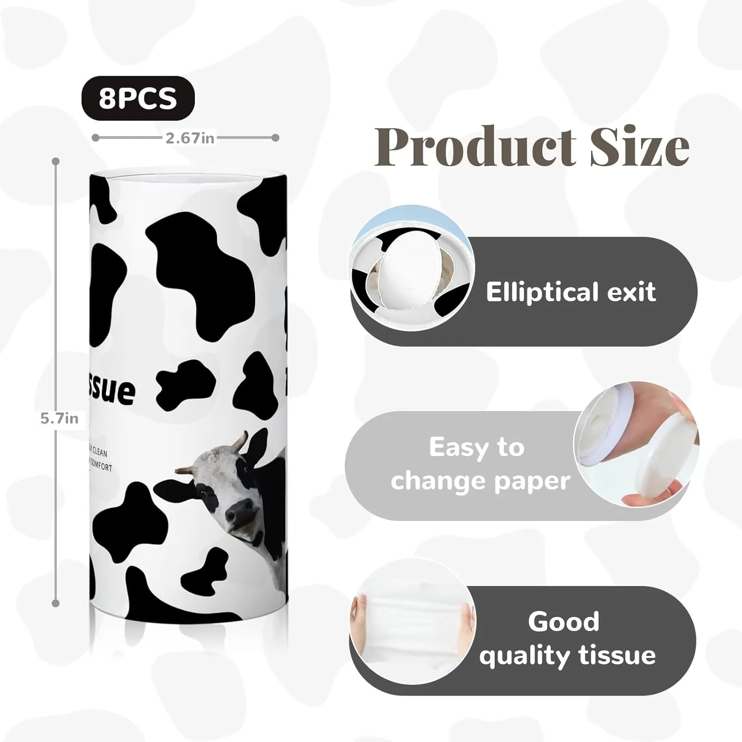 8 Pack Cow Car Tissue Holder, Portable Travel Tissues Cylinder Box Container with 3-Ply 400 Sheets Facial Tissues for Car Cup Holders, Refillable Convenient Automotive Interior Accessories