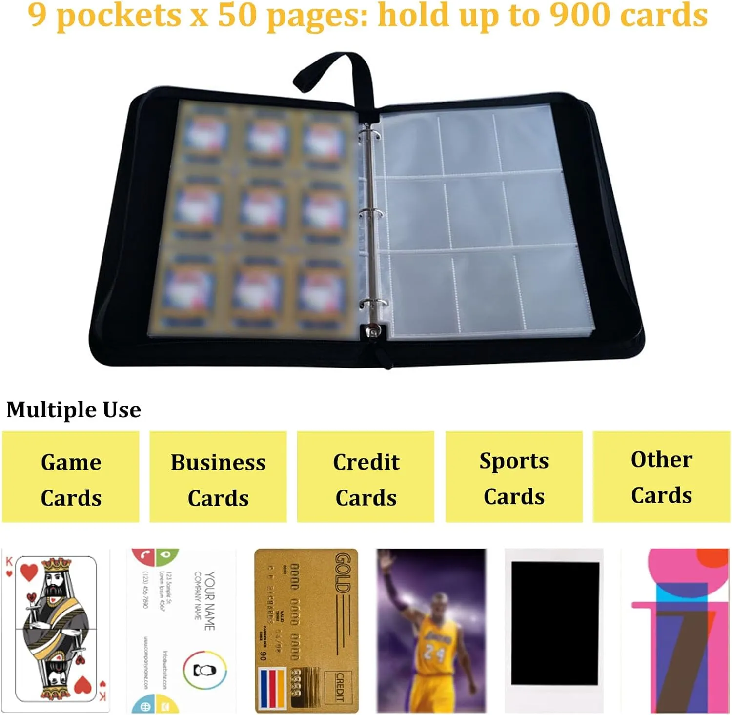 9 Pockets Card Collection Binder with 50 Pcs Removable Sleeves, Trading Card Binder 900 Pockets, Card Holder with Zipper & Handle, Multi-use Trading Photo Organizer for Game/Football