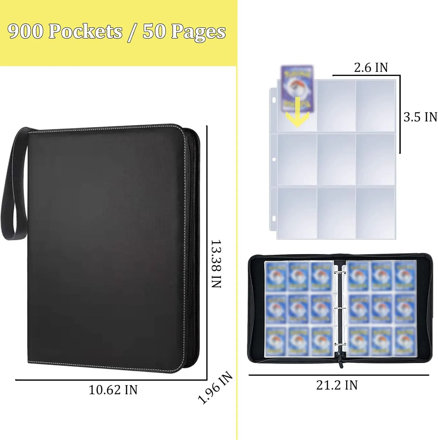 9 Pockets Card Collection Binder with 50 Pcs Removable Sleeves, Trading Card Binder 900 Pockets, Card Holder with Zipper & Handle, Multi-use Trading Photo Organizer for Game/Football