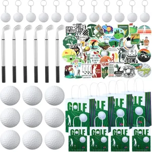 98 Pcs Golf Party Favor Set Includes Golf Ball Keychain Ballpoint Pen Sport Party Supplies Bags with Handles Stress Balls Stickers for Goodies Bags Filler
