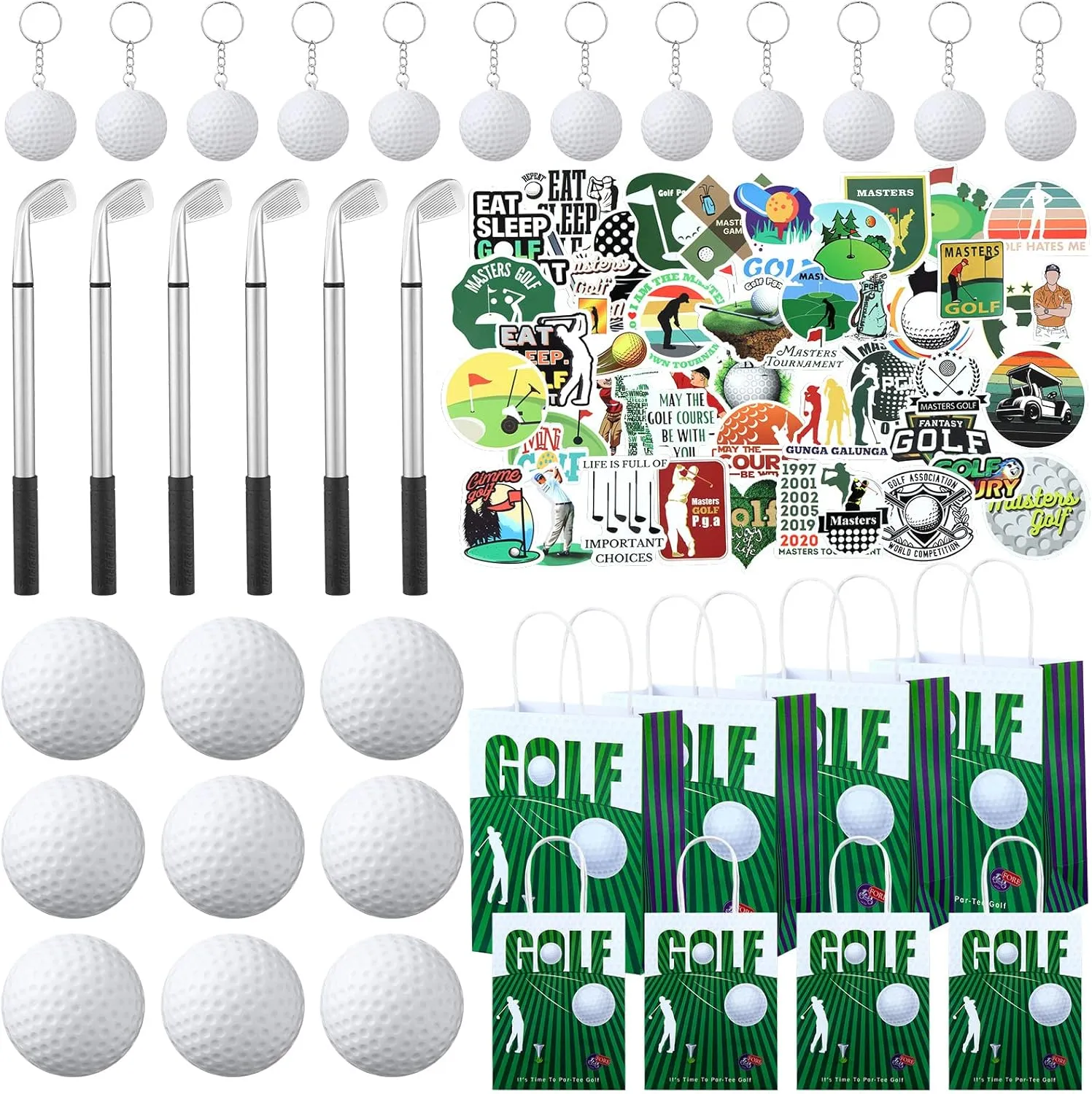 98 Pcs Golf Party Favor Set Includes Golf Ball Keychain Ballpoint Pen Sport Party Supplies Bags with Handles Stress Balls Stickers for Goodies Bags Filler
