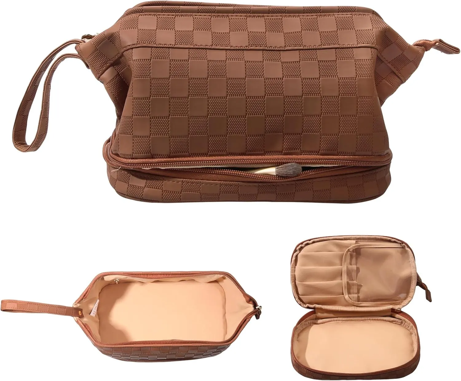 Abiudeng Large Capacity Makeup Bag Ladies Cosmetic Bag Travel Bag with Compartments Portable PU Leather Travel Makeup Bag with Handle
