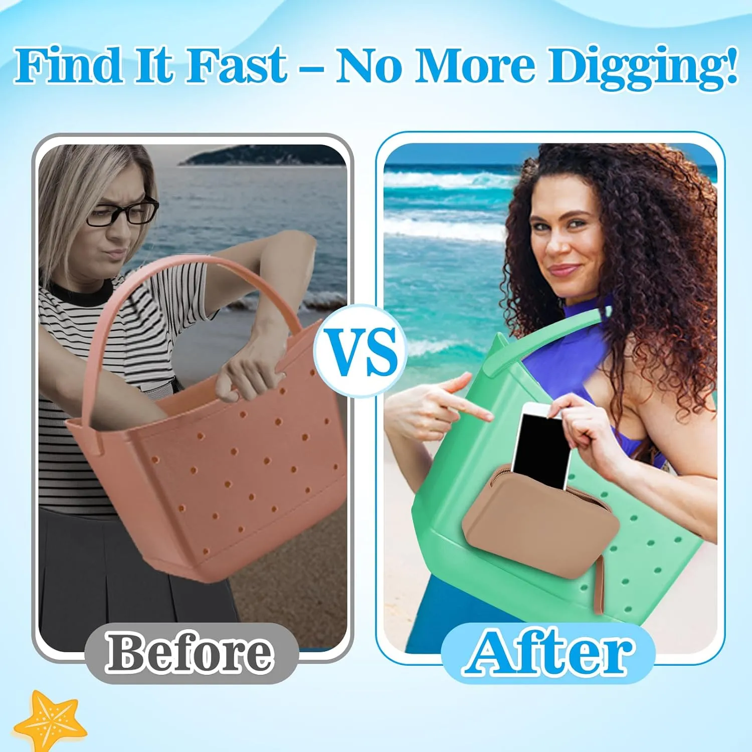 Acostop 2 Pcs Silicone Phone Holder Compatible with Bogg Bag Accessories - Women Beach Tote Bag Insert Pouches for Access Lip Gloss Cash Keys Easily, Khaki