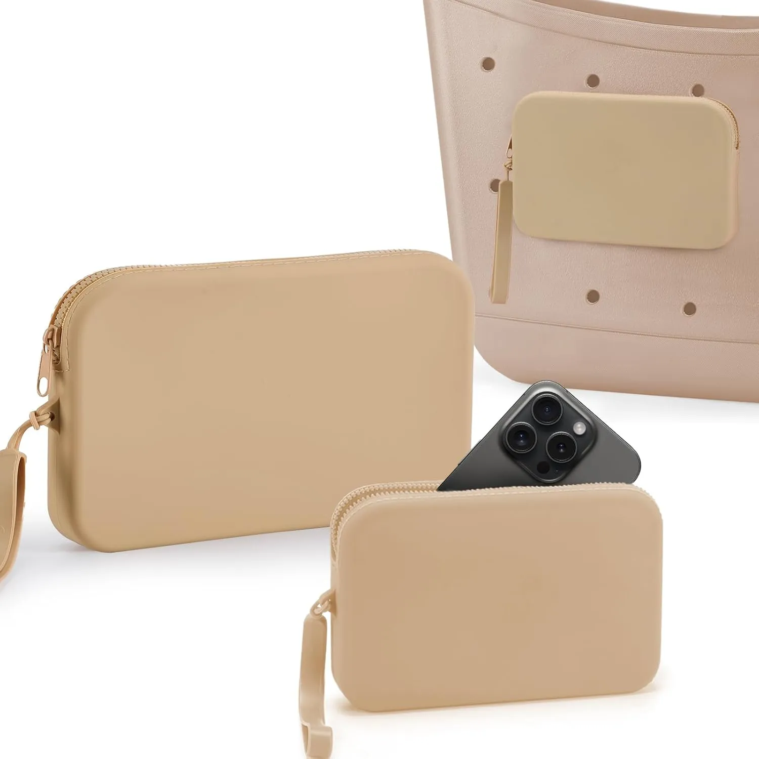 Acostop 2 Pcs Silicone Phone Holder Compatible with Bogg Bag Accessories - Women Beach Tote Bag Insert Pouches for Access Lip Gloss Cash Keys Easily, Khaki