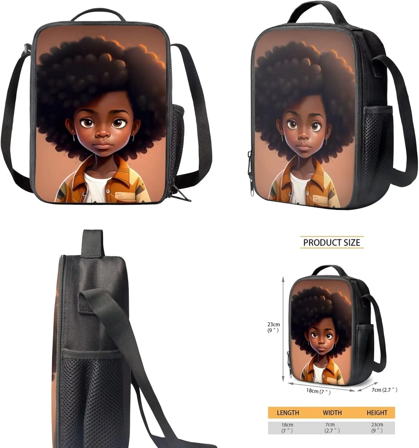 African Girl Kids School Backpack for Girls School Bookbag with Lunch Box and Water Bottle Holder for Preschool Kindergarten Elementary School 4 In 1 Set