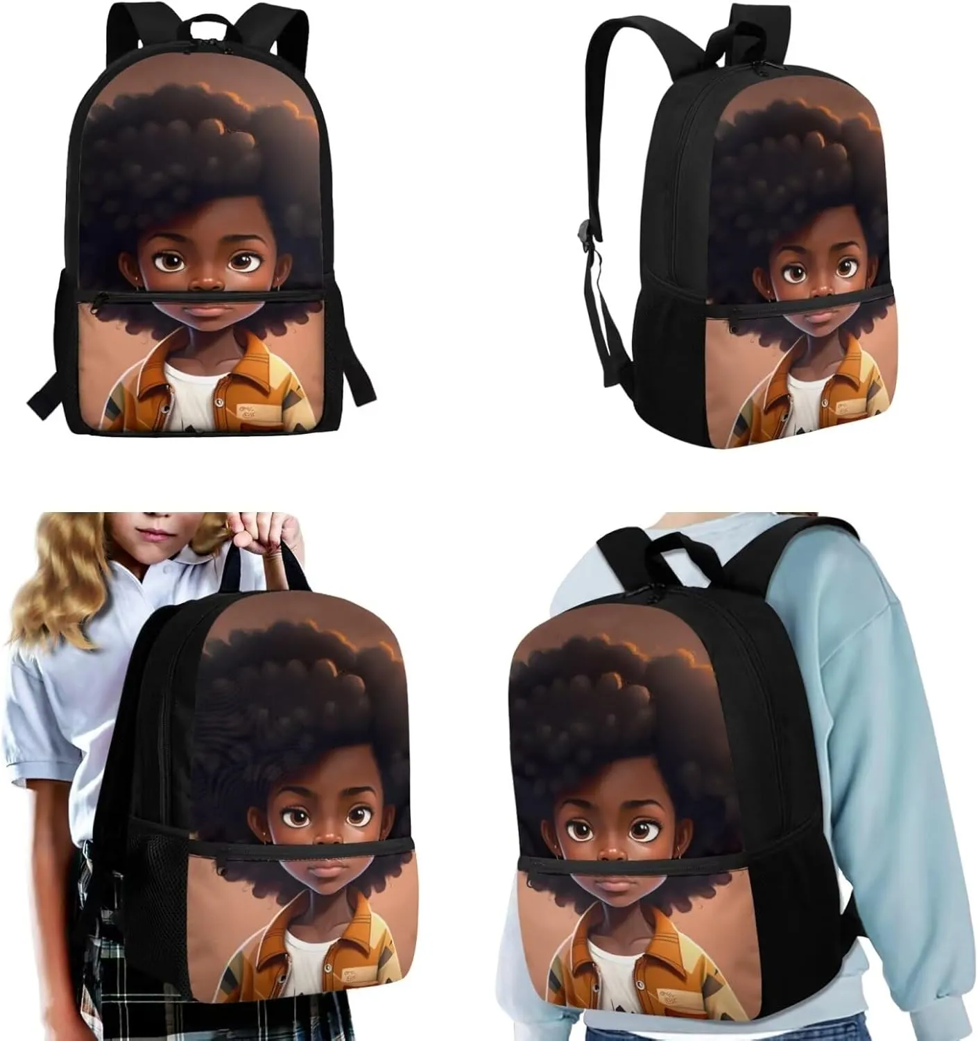 African Girl Kids School Backpack for Girls School Bookbag with Lunch Box and Water Bottle Holder for Preschool Kindergarten Elementary School 4 In 1 Set