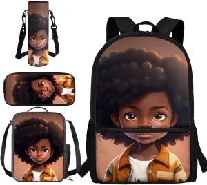 African Girl Kids School Backpack for Girls School Bookbag with Lunch Box and Water Bottle Holder for Preschool Kindergarten Elementary School 4 In 1 Set