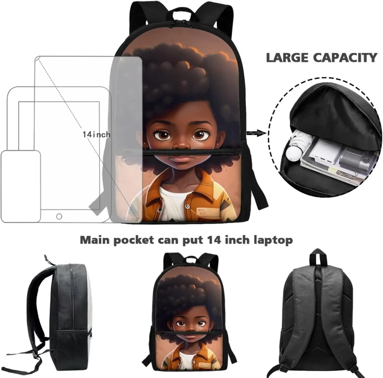 African Girl Kids School Backpack for Girls School Bookbag with Lunch Box and Water Bottle Holder for Preschool Kindergarten Elementary School 4 In 1 Set