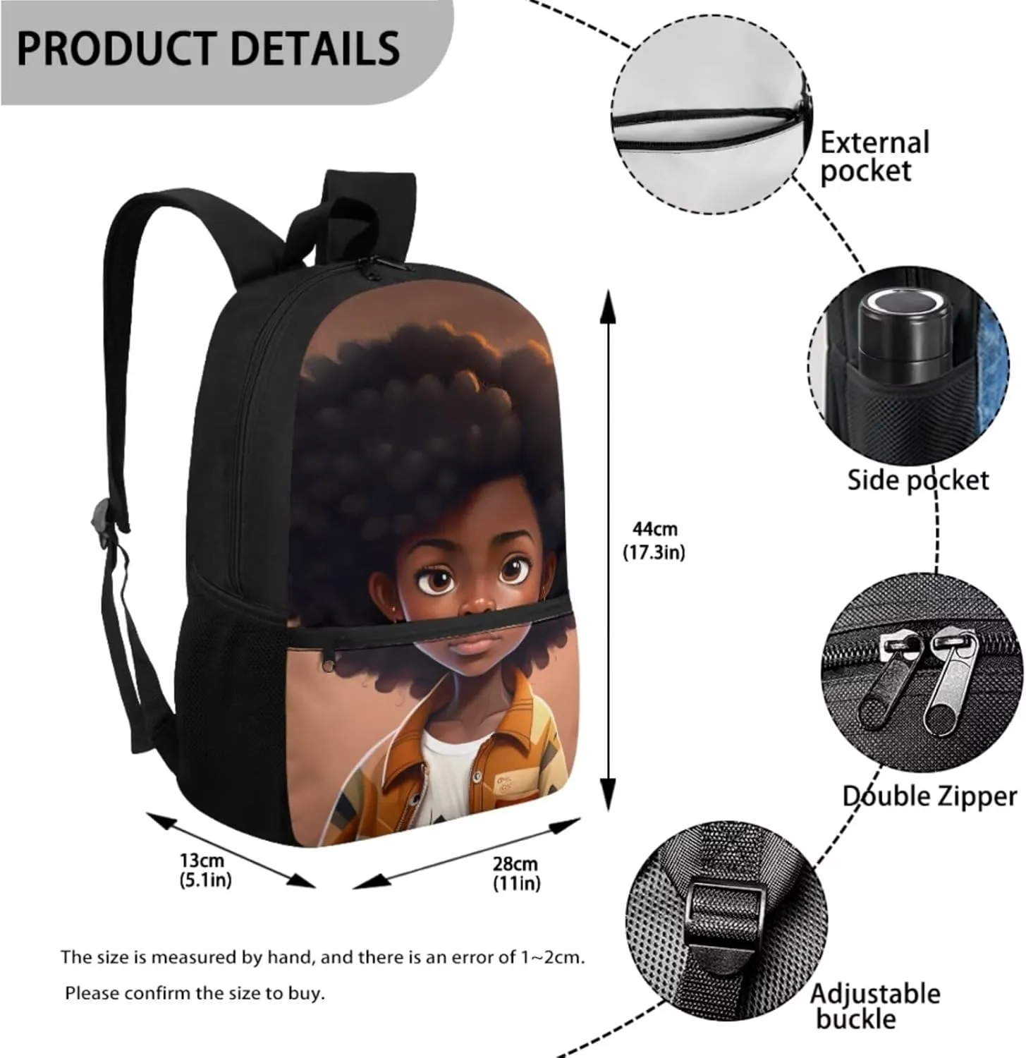 African Girl Kids School Backpack for Girls School Bookbag with Lunch Box and Water Bottle Holder for Preschool Kindergarten Elementary School 4 In 1 Set