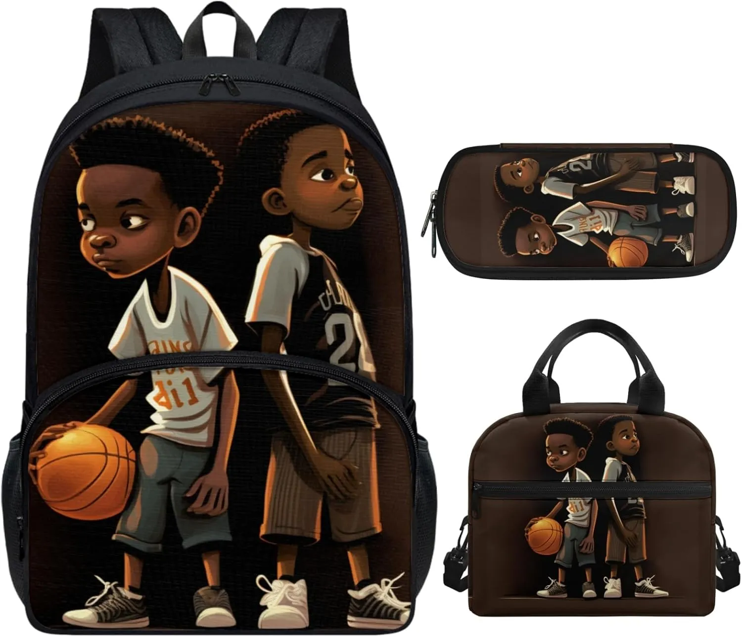 Afro Black Boys Bastkeball Backpack for Teen Boys for Middle School Bookbag with Lunch Box Kids Schoolbag African Basketball Brother School Backpack College Book Bag Lunch Bag Pencil Case