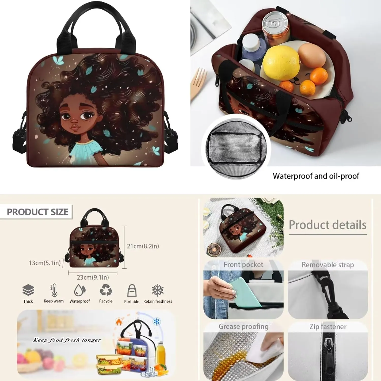 Afro Black Girl Magic Backpack Set Teen Girls Backpack with Lunch Box Lightweight School Bag Elementary Bookbag Insulated Lunch Bag Food Pack Pencil Case