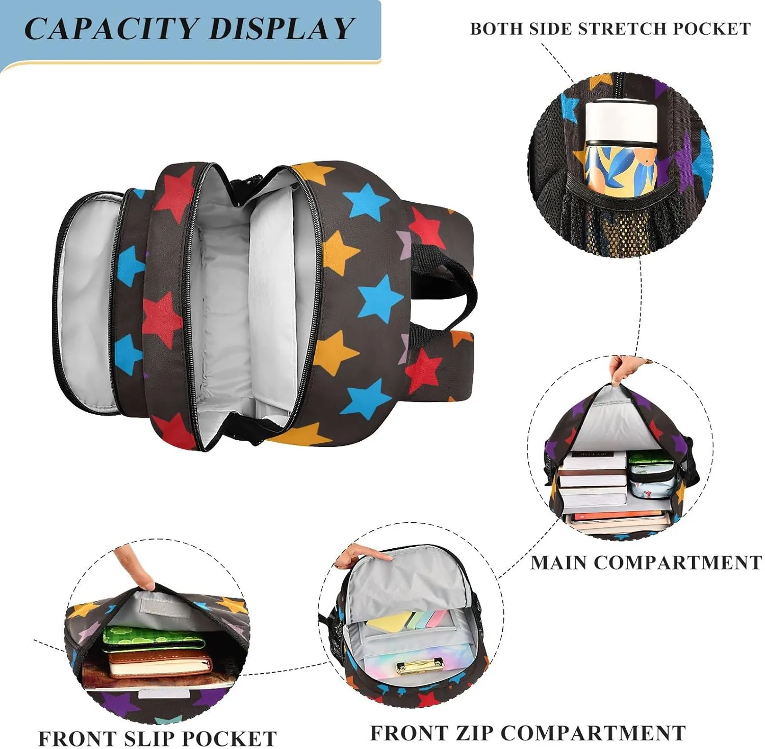 ALAZA Stars Full Color on Black Backpacks Reflective Safety Backpack