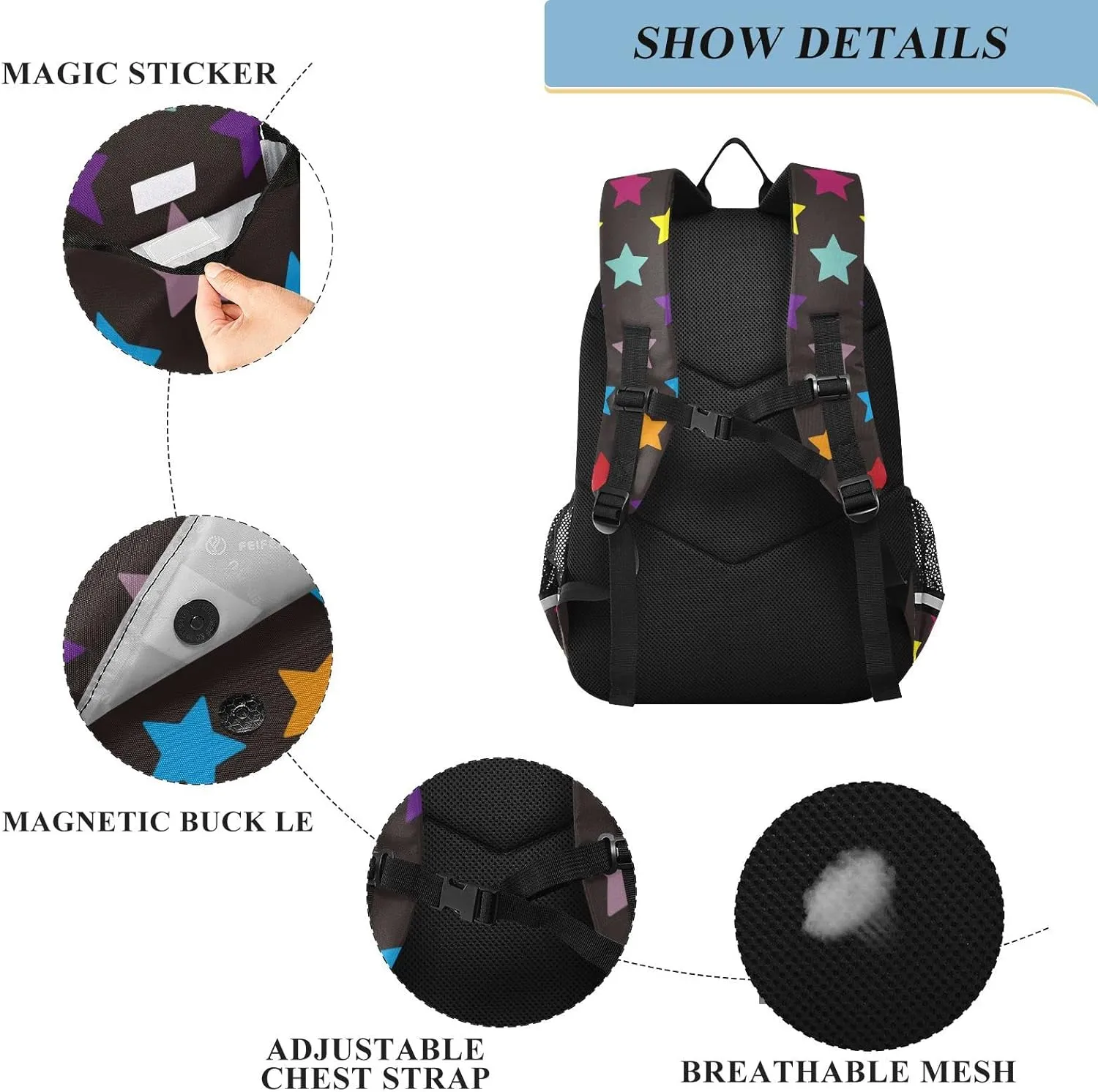 ALAZA Stars Full Color on Black Backpacks Reflective Safety Backpack