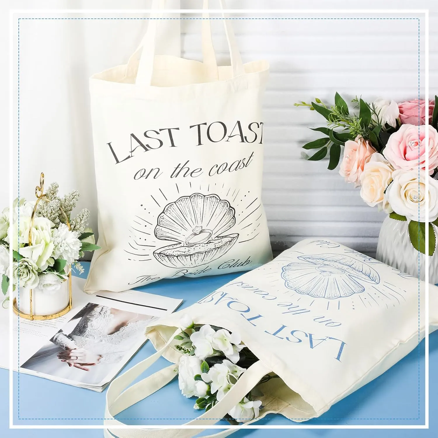 Aliceset 8 Pieces Bridesmaid Tote Bags Reusable Canvas for Bachelorette Bridesmaid Gift Bags Bridal Shower Tote(Black,Blue,Last Toast on the Coast)