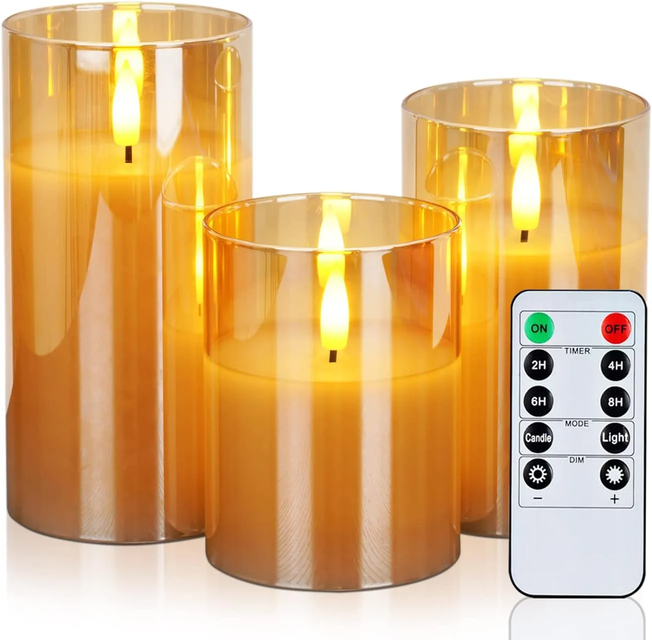 Amagic Glass Flameless Candles Battery Operated with Timer, Remote Control, LED Pillar Candles Battery Powered, Wax, Amber, Set of 3
