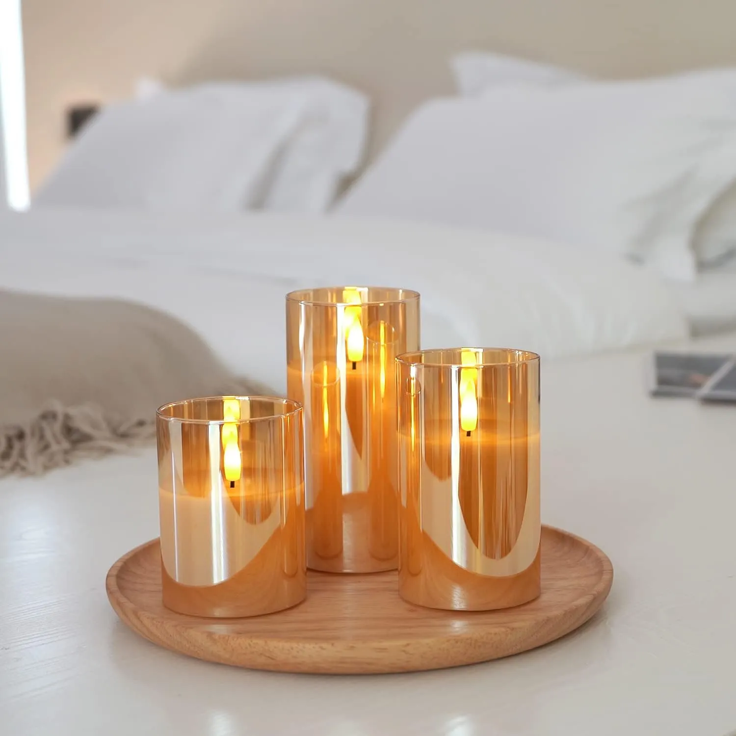 Amagic Glass Flameless Candles Battery Operated with Timer, Remote Control, LED Pillar Candles Battery Powered, Wax, Amber, Set of 3