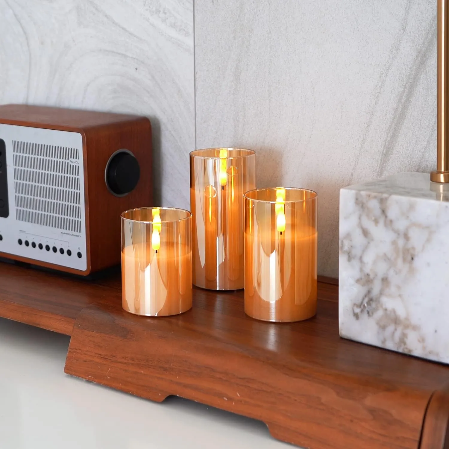Amagic Glass Flameless Candles Battery Operated with Timer, Remote Control, LED Pillar Candles Battery Powered, Wax, Amber, Set of 3