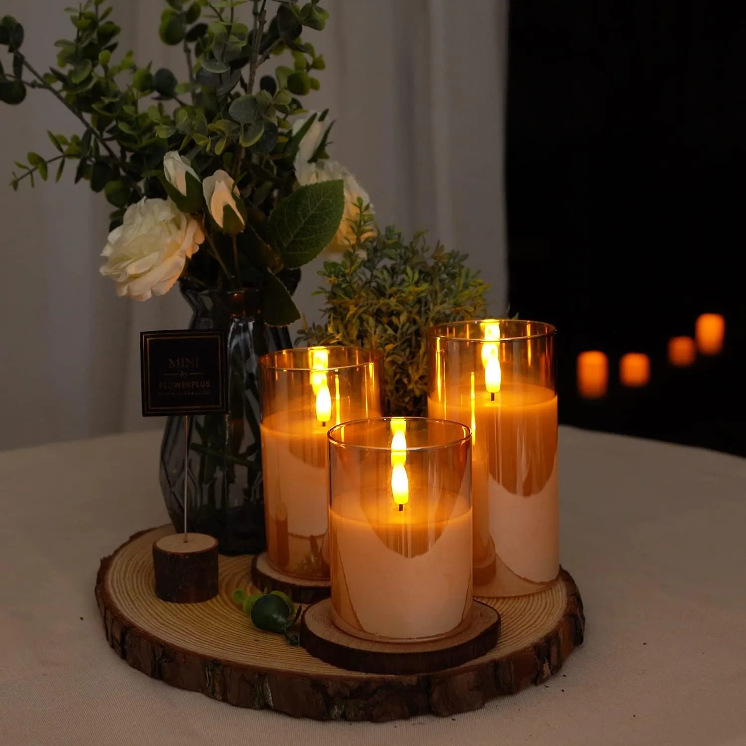 Amagic Glass Flameless Candles Battery Operated with Timer, Remote Control, LED Pillar Candles Battery Powered, Wax, Amber, Set of 3